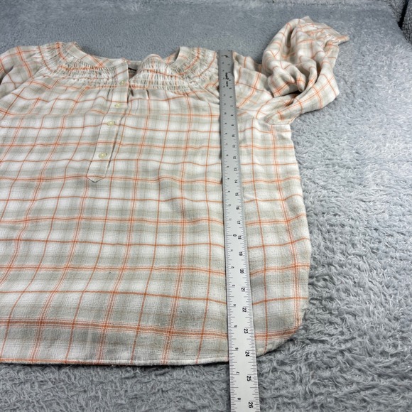Loft Womens Plaid Smocked Neck Blouse Orange Grey Long Sleeve Top Large - Picture 6 of 9